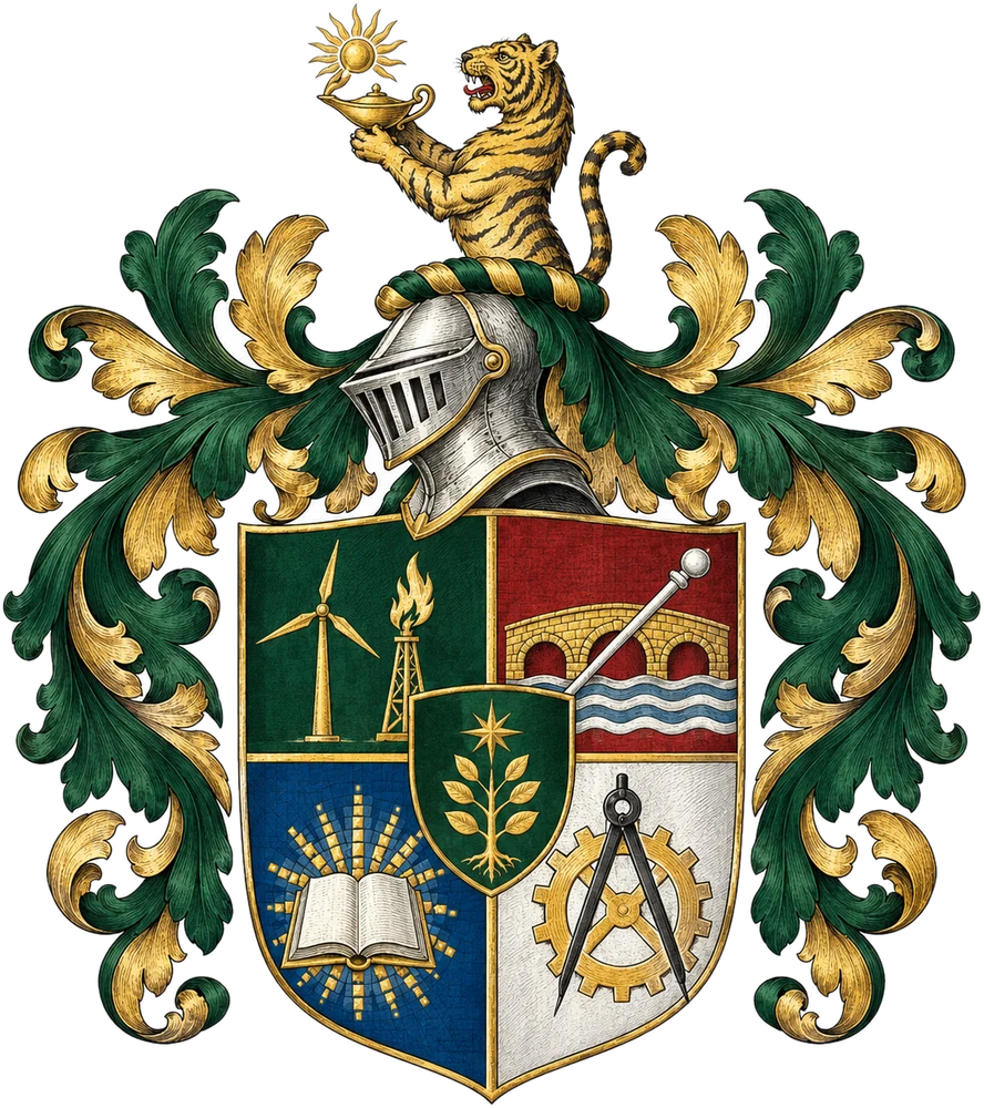 The arms of Marques Jeevan Menon: a steel helm crested with a golden Malayan tiger holding a lamp, over a shield quartered green, oxblood, azure and silver, with green and gold mantling.